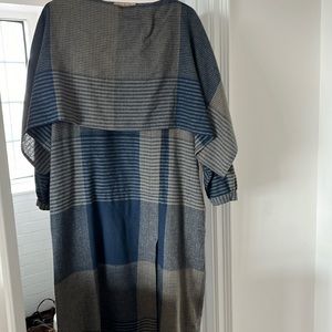 Issey Miyake Dress vintage Issey Sport, checks/stripes, built in cape blue/grey